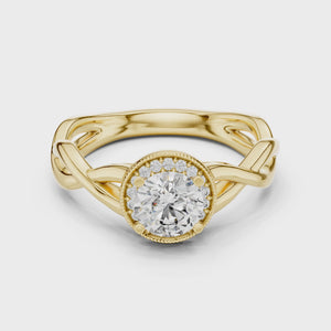 0.70 CT round lab grown diamond halo engagement ring in yellow gold with twisted band