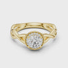 0.70 CT round lab grown diamond halo engagement ring in yellow gold with twisted band