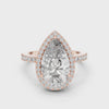 360-degree view of a pear-cut diamond halo engagement ring in rose gold