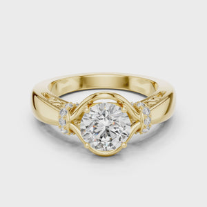 360-degree product video of a yellow gold round cut lab-grown diamond engagement ring with woven vine design