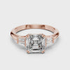 Luxury three-stone diamond ring video in rose gold, highlighting the brilliant clarity of a 1.80ct emerald-cut center stone and 0.14ct baguette-cut side accents.
