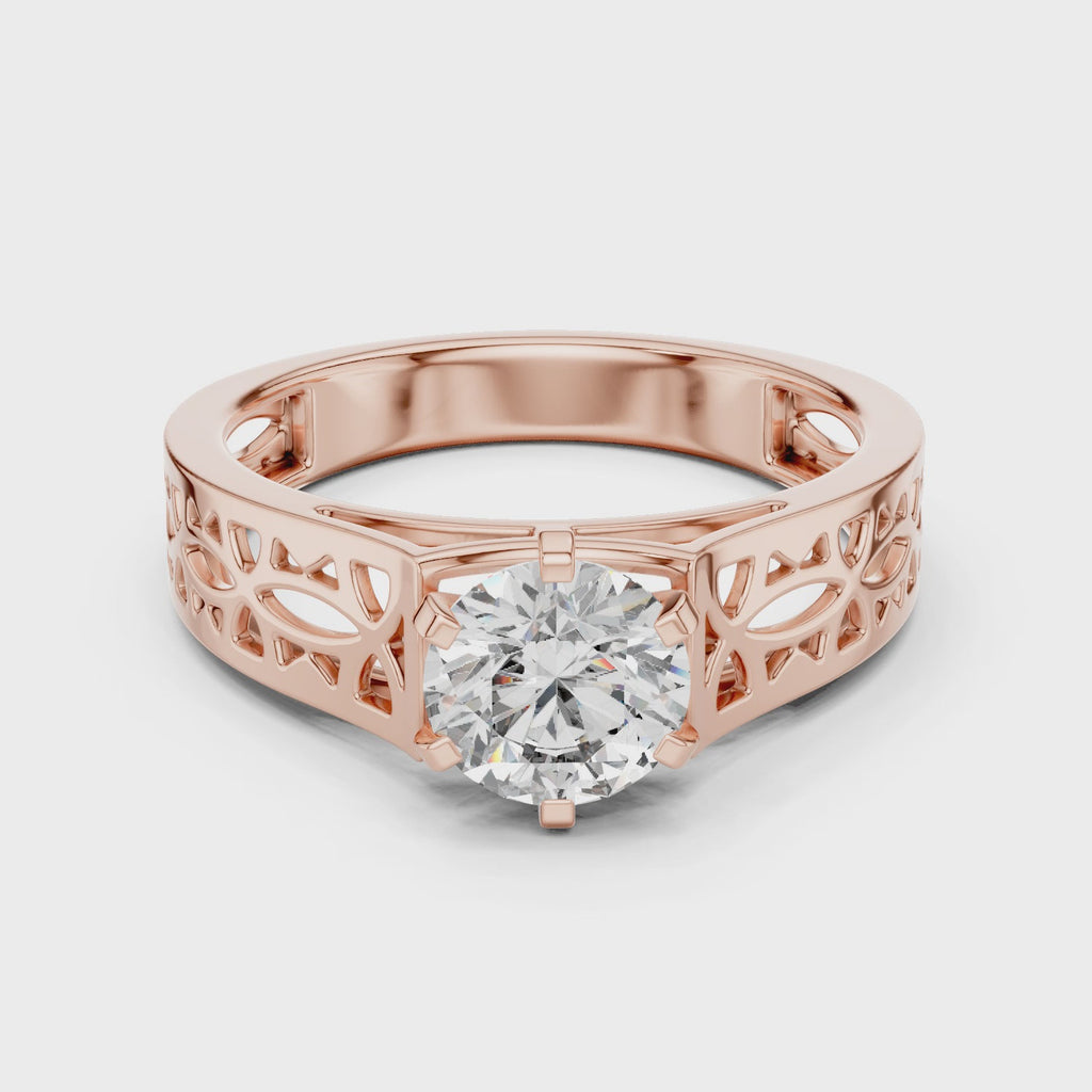 Round Cut Lab Grown Diamond Solitaire Engagement Ring in Rose Gold with Openwork Band - Front View