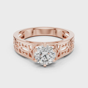 Round Cut Lab Grown Diamond Solitaire Engagement Ring in Rose Gold with Openwork Band - Front View