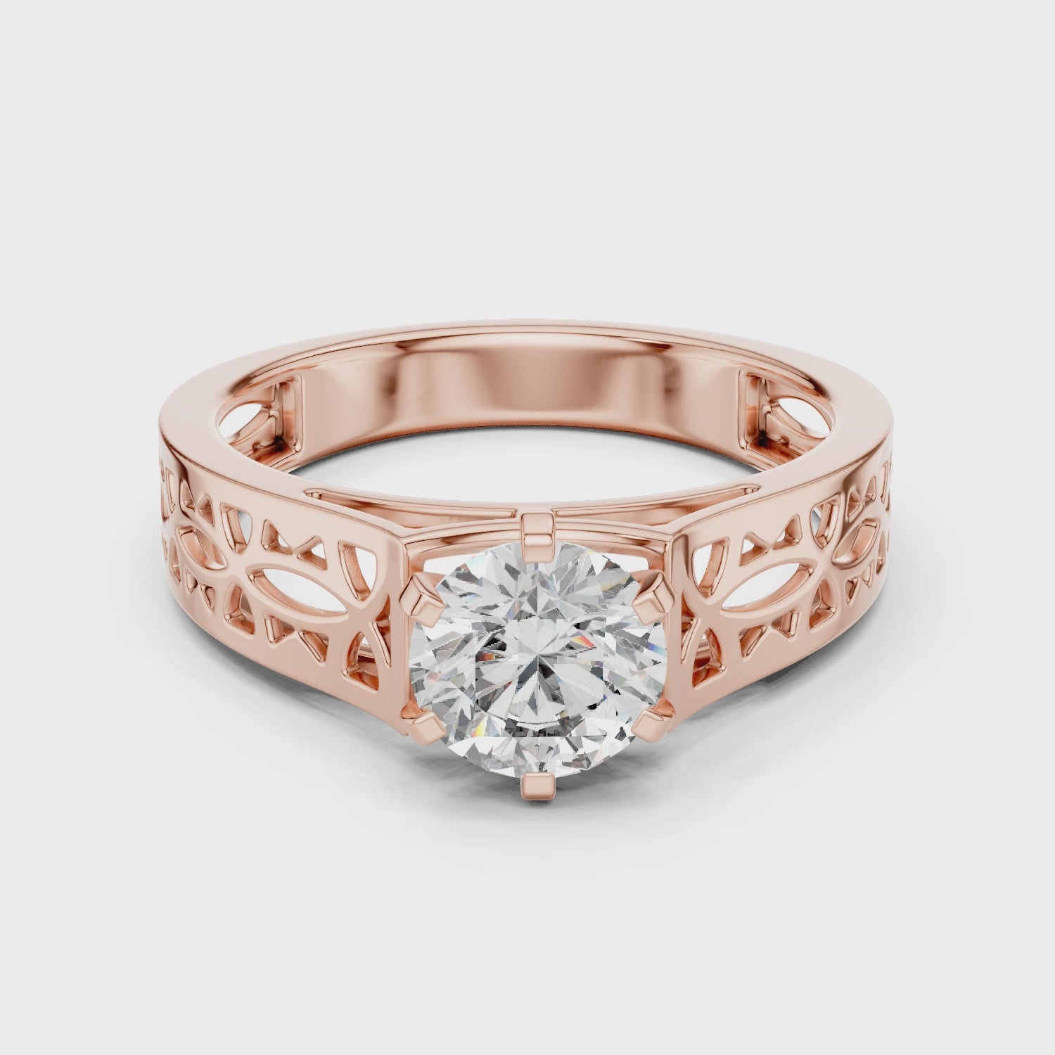 Round Cut Lab Grown Diamond Solitaire Engagement Ring in Rose Gold with Openwork Band - Front View