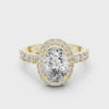 1.60 CT oval cut lab grown diamond yellow gold halo engagement ring video preview with pavé side stones on a white background.