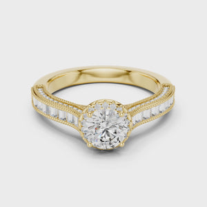 360-degree video showcase of round lab diamond engagement ring showing channel-set baguettes, milgrain detailing, and halo in yellow gold