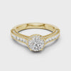 360-degree video showcase of round lab diamond engagement ring showing channel-set baguettes, milgrain detailing, and halo in yellow gold