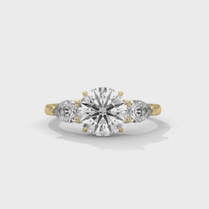 3 Carat Round Cut Lab Grown Diamond Engagement Ring – 360° Video, Three-Stone Pear Sides | Luzora Jewels