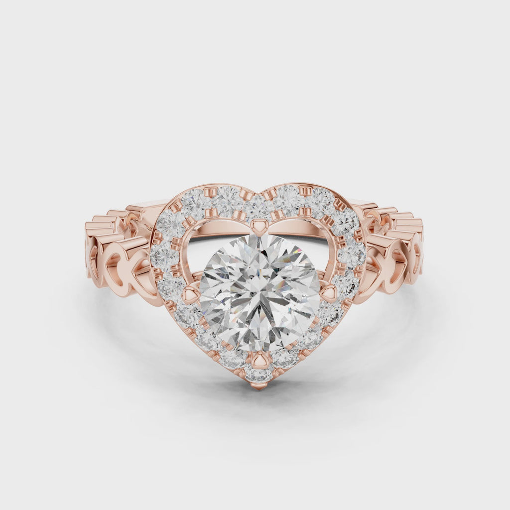 1.32 CTW round lab-grown diamond engagement ring with a heart-shaped halo and open-heart band