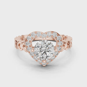 1.32 CTW round lab-grown diamond engagement ring with a heart-shaped halo and open-heart band