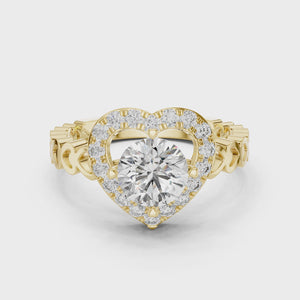 1.32 CTW round lab-grown diamond engagement ring with a heart-shaped halo and open-heart band