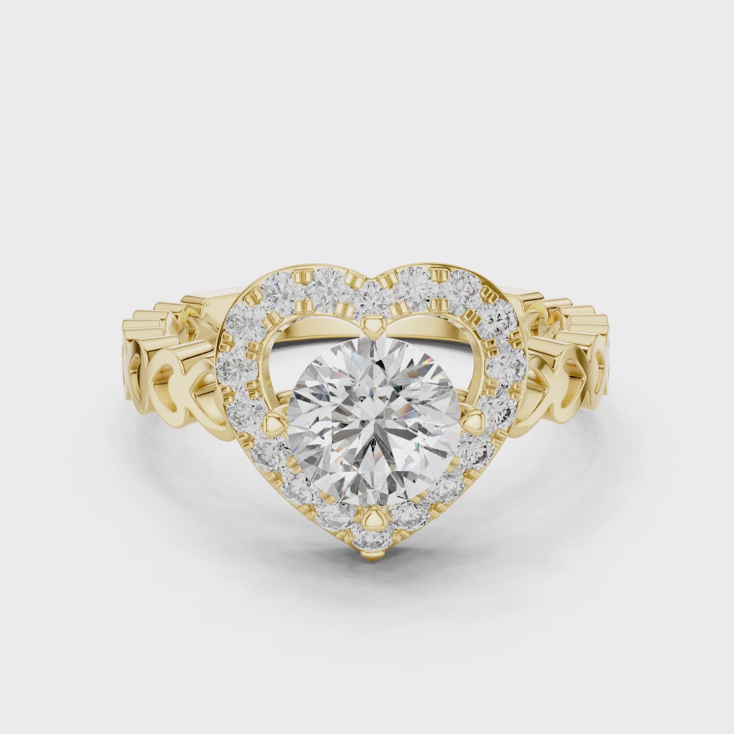 1.32 CTW round lab-grown diamond engagement ring with a heart-shaped halo and open-heart band