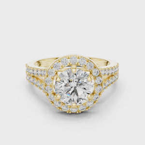 360-degree video showcase of round lab diamond engagement ring showing double-row pave split shank and halo in yellow gold