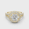 360-degree video showcase of round lab diamond engagement ring showing double-row pave split shank and halo in yellow gold