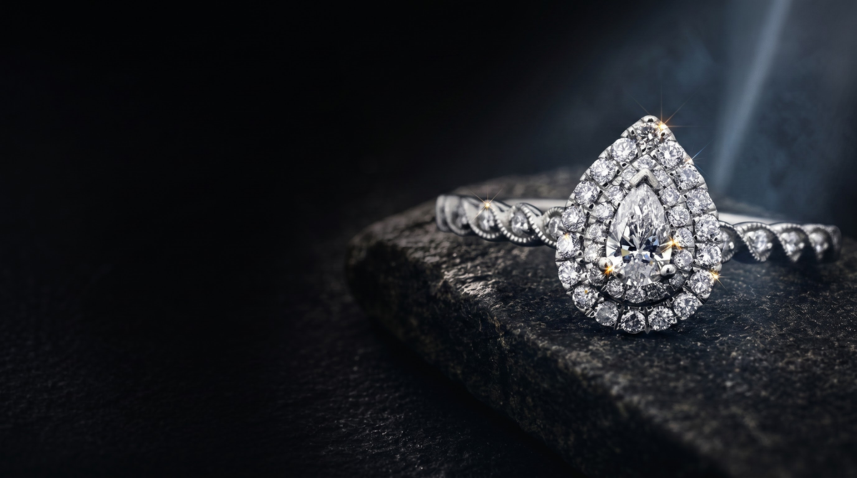 Lab-grown diamond pendant on a fine chain, lit against a dark background